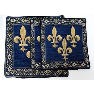Set of 3 Belgian Tapestry Cushion Covers blue gold Fleur de Lys pillowcase lux
